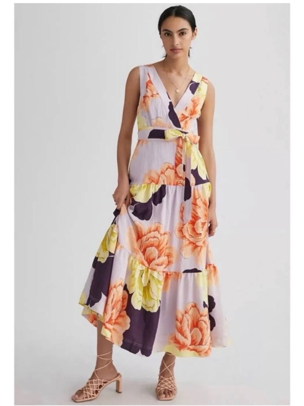 Maeve by Anthropologie Floral V-Neck Midi Dress in Purple, Lavender & Peach